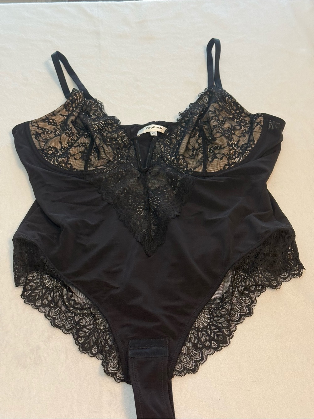 New Popilush Slimming Black Lace Trim Bodysuit - Black. XXL